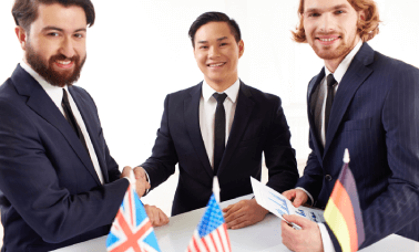Professionals meet symbolizing academic translation services in multiple language combinations for global accessibility.