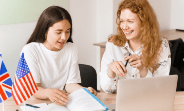 Experts explain multilingual concepts to students and showcase academic translation services for various languages.